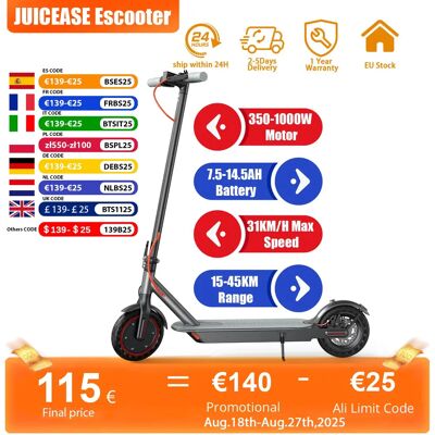JUICEASE-patinete eléctrico inteligente, 2025-14,5ah, 31/35 KM/H, 25-45KM, Ultra largo alcance, 7,8/350 W, 1000 JUICEASE-patinete eléctrico inteligente, 2025-14,5ah, 31/35 KM/H, 25-45KM, Ultra largo alcance, 7,8/350 W, 1000