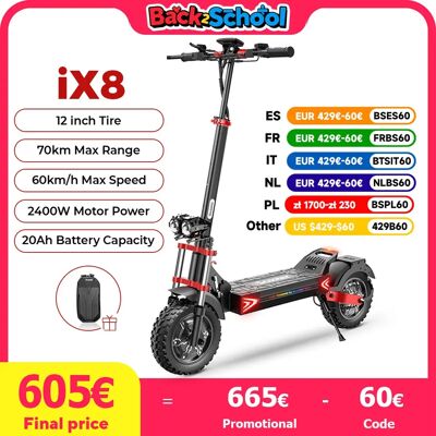 IScooter-patinete eléctrico iX8 de 12 pulgadas, Scooter todoterreno de doble Motor, 2400W, 20Ah, 60 km/h, 70km de alcance máximo, patinetes plegables IScooter-patinete eléctrico iX8 de 12 pulgadas, Scooter todoterreno de doble Motor, 2400W, 20Ah, 60 km/h, 70km de alcance máximo, patinetes plegables