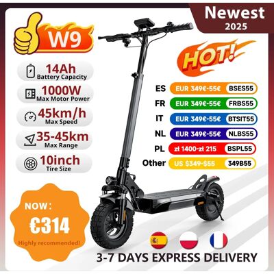iScooter Patinete eléctrico todoterreno W9, 10 pulgadas, Motor trasero de 1000W, batería de 48V14Ah, rango de 45 km/h, 35-45KM, frenos de disco duales con aplicación E Scooter iScooter Patinete eléctrico todoterreno W9, 10 pulgadas, Motor trasero de 1000W, batería de 48V14Ah, rango de 45 km/h, 35-45KM, frenos de disco duales con aplicación E Scooter