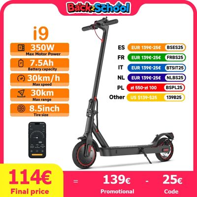 iScooter Patinete eléctrico i9 de 8,5 pulgadas, 350W, 7,5Ah, para adultos, velocidad de 30 km/h, alcance máximo de 30km, neumáticos de panal, patinetes plegables con aplicación iScooter Patinete eléctrico i9 de 8,5 pulgadas, 350W, 7,5Ah, para adultos, velocidad de 30 km/h, alcance máximo de 30km, neumáticos de panal, patinetes plegables con aplicación