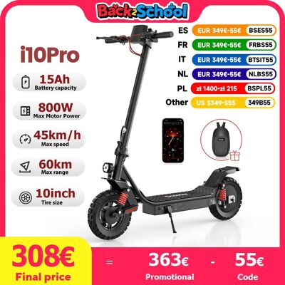 IScooter-patinete eléctrico i10pro, Scooter plegable con neumático de 10 pulgadas, 800W, 48V, 15Ah, velocidad máxima de 45 km/h, alcance de 60KM, con aplicación IScooter-patinete eléctrico i10pro, Scooter plegable con neumático de 10 pulgadas, 800W, 48V, 15Ah, velocidad máxima de 45 km/h, alcance de 60KM, con aplicación