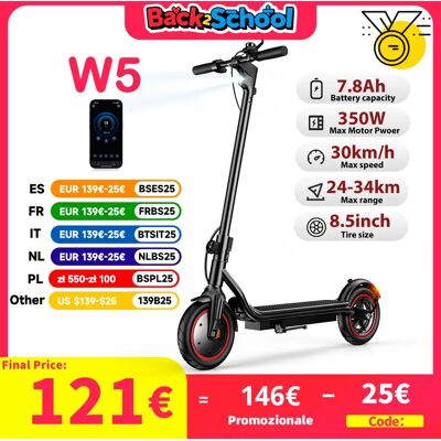 iScooter Patinete eléctrico W5, neumático inflable de 8,5 pulgadas, 350W, 36V, 7,8Ah, velocidad máxima, rango de 30 km/h, freno doble de 24-34km con aplicación iScooter Patinete eléctrico W5, neumático inflable de 8,5 pulgadas, 350W, 36V, 7,8Ah, velocidad máxima, rango de 30 km/h, freno doble de 24-34km con aplicación