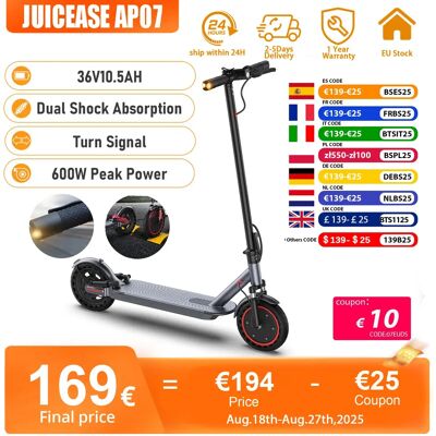 JUICEASE-patinete eléctrico AP07, Scooter eléctrico con giro de doble amortiguación, rango de 35KM, 8,5 pulgadas, 350W/600W, potencia de 31 KM/H, APP JUICEASE-patinete eléctrico AP07, Scooter eléctrico con giro de doble amortiguación, rango de 35KM, 8,5 pulgadas, 350W/600W, potencia de 31 KM/H, APP
