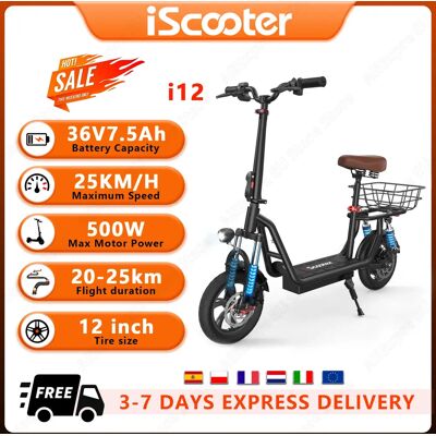 Ninguno IScooter-patinete eléctrico i12 con asiento y cesta, patinete eléctrico con Motor de 500W, batería de 36V7.5Ah, ruedas de 12 pulgadas Ninguno IScooter-patinete eléctrico i12 con asiento y cesta, patinete eléctrico con Motor de 500W, batería de 36V7.5Ah, ruedas de 12 pulgadas