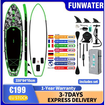 Tabla de SUP inflable FUNWATER con accesorios incluidos: remo, aletas, bomba, tabla de stand up paddle de 385x85x15 cm, capacidad de carga de hasta 180 kg + Tabla de SUP inflable FUNWATER con accesorios incluidos: remo, aletas, bomba, tabla de stand up paddle de 385x85x15 cm, capacidad de carga de hasta 180 kg +