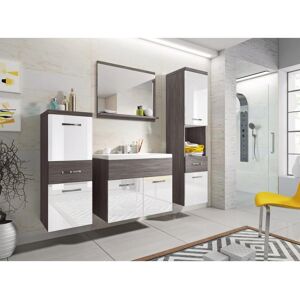 Muebles de baño modernos, conjunto suspendido con lavabo, espejo y columnas, cuerpo bodega mate / frentes blanco brillo
