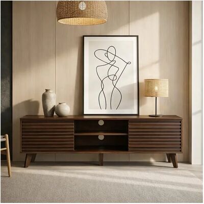 Calicosy Mueble de TV con frentes de efecto madera estriada L135 cm - FRIBOURG Calicosy Mueble de TV con frentes de efecto madera estriada L135 cm - FRIBOURG