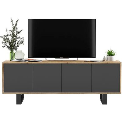 Mueble de TV con 4 puertas - estructura en roble Wotan, frentes grafito mate - 150 cm, patas de metal Mueble de TV con 4 puertas - estructura en roble Wotan, frentes grafito mate - 150 cm, patas de metal