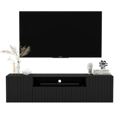 Meuble TV con 3 puertas y hueco abierto - Cuerpo Negro mate, frentes acanalados Negro mate - 150 cm Meuble TV con 3 puertas y hueco abierto - Cuerpo Negro mate, frentes acanalados Negro mate - 150 cm