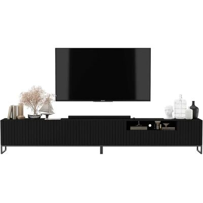 Mueble TV con 7 puertas y nicho – Cuerpo negro mate, frentes acanalados negro mate – 300 cm, estructura de metal negro Mueble TV con 7 puertas y nicho – Cuerpo negro mate, frentes acanalados negro mate – 300 cm, estructura de metal negro