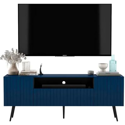 Mueble de TV con 3 puertas y nicho – Cuerpo azul marino mate, frentes ranurados azul marino mate – 150 cm, patas negras Mueble de TV con 3 puertas y nicho – Cuerpo azul marino mate, frentes ranurados azul marino mate – 150 cm, patas negras