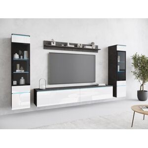 Conjunto moderno de muebles de salón 4 piezas, mueble TV 180 cm, 2 vitrinas y estante, cuerpo matera mate, frentes blanco brillo, de pie o colgante