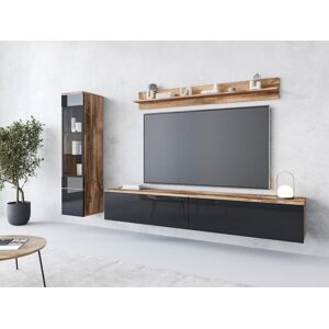 Conjunto moderno de muebles de salón 3 piezas – mueble TV 180 cm, vitrina y estante, cuerpo roble Wotan mate, frentes negro brillo, de pie o colgante