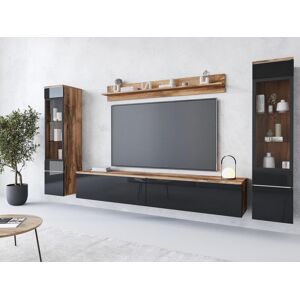 Conjunto moderno de muebles de salón 4 piezas, mueble TV 180 cm, 2 vitrinas y estante, cuerpo roble Wotan mate, frentes negro brillo, de pie o colgante