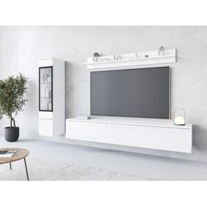 Conjunto moderno de muebles de salón 3 piezas – mueble TV 180 cm, vitrina y estante, cuerpo blanco mate, frentes blanco brillo, de pie o colgante