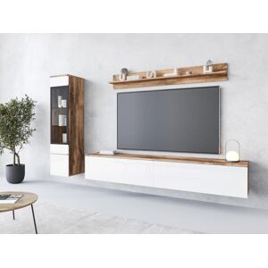 Conjunto moderno de muebles de salón 3 piezas – mueble TV 180 cm, vitrina y estante, cuerpo roble Wotan mate, frentes blanco brillo, de pie o colgante
