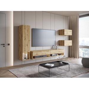 Mueble de salón moderno 4 elementos – conjunto TV colgante 180 cm con columna y armarios, roble artisan mate