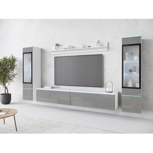 Conjunto moderno de muebles de salón 4 piezas, mueble TV 180 cm, 2 vitrinas y estante, cuerpo blanco mate, frentes gris brillo, de pie o colgante