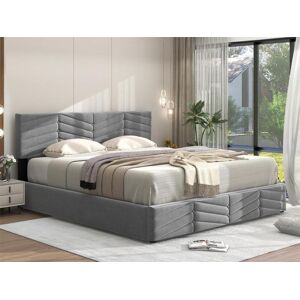 ModernLuxe Cama contenedor de terciopelo con somier de láminas + cabecero ajustable - 140x200cm - Gris