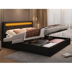 ModernLuxe Cama contenedor tapizada de piel sintética con LED - 160x200 cm - con somier - Negro