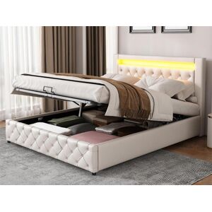 ModernLuxe Cama contenedor tapizada de piel sintética con LED - 160x200 cm - con somier - Blanco