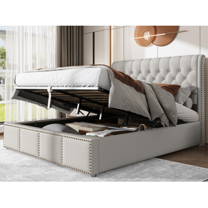 ModernLuxe Cama contenedor tapizada de lino - decorada con remaches - con somier de láminas - 140x190cm - Gris claro