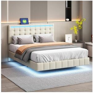 Cama tapizada con lámparas LED para adultos - estructura de cama flotante con somier de láminas y cabecero con 2 puertos USB - beige 140x200cm
