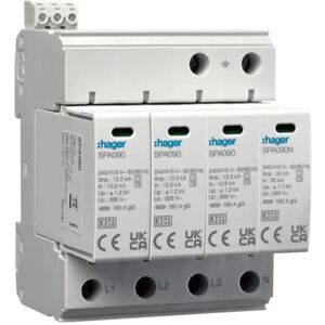 HAGER SPA931 Limitador de sobretensiones - Tipo 1+2, 4P, 50kA, 1.2kV, TN-S/TT HAGER SPA931 Limitador de sobretensiones - Tipo 1+2, 4P, 50kA, 1.2kV, TN-S/TT