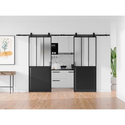 Unique Puerta corredera doble estilo taller - Negro y vidrio templado esmerilado - 2 x Alt. 205 x Ancho 73 cm - ARTISTO II Unique Puerta corredera doble estilo taller - Negro y vidrio templado esmerilado - 2 x Alt. 205 x Ancho 73 cm - ARTISTO II
