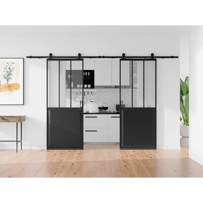 Unique Puerta corredera doble atelier vista - Negro y cristal templado - 2 x Alt. 205 x L73 cm - ARTISTO II Unique Puerta corredera doble atelier vista - Negro y cristal templado - 2 x Alt. 205 x L73 cm - ARTISTO II