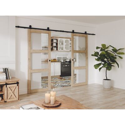 Unique Puerta corredera doble vista de madera y vidrio templado - 3 ventanas - 2 x Alt. 205 x L83 cm - ACOSTA II Unique Puerta corredera doble vista de madera y vidrio templado - 3 ventanas - 2 x Alt. 205 x L83 cm - ACOSTA II