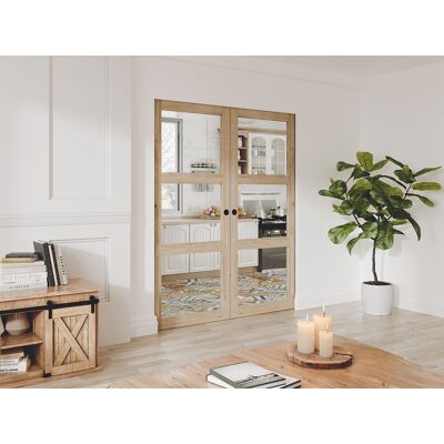 Unique Puerta corredera doble empotrada en madera y cristal templado - 3 ventanas - 2 x Alt. 205 x L93 cm - ACOSTA II Unique Puerta corredera doble empotrada en madera y cristal templado - 3 ventanas - 2 x Alt. 205 x L93 cm - ACOSTA II