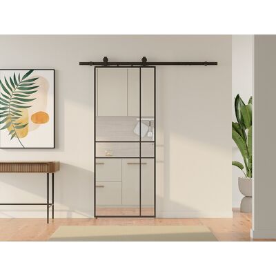 Unique Puerta corredera con sistema de guía externa y diseño asimétrico - Aluminio y vidrio templado - Alt. 204 x An. 83 cm - Negro - SANIVA Unique Puerta corredera con sistema de guía externa y diseño asimétrico - Aluminio y vidrio templado - Alt. 204 x An. 83 cm - Negro - SANIVA