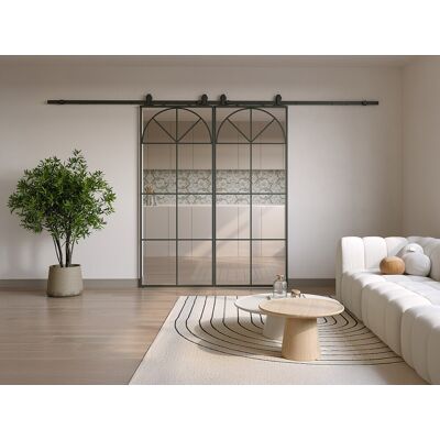 Unique Puerta corredera doble con sistema de guía exterior estilo art déco - Aluminio y vidrio templado - 2 x Alt. 204 x An. 83 cm - Negro - VIGELO Unique Puerta corredera doble con sistema de guía exterior estilo art déco - Aluminio y vidrio templado - 2 x Alt. 204 x An. 83 cm - Negro - VIGELO
