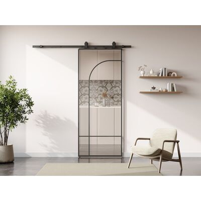 Unique Puerta corredera con sistema superpuesto estilo vidriera - Aluminio y vidrio templado - Alt. 204 x A83 cm - Negro - CLOSIDA Unique Puerta corredera con sistema superpuesto estilo vidriera - Aluminio y vidrio templado - Alt. 204 x A83 cm - Negro - CLOSIDA