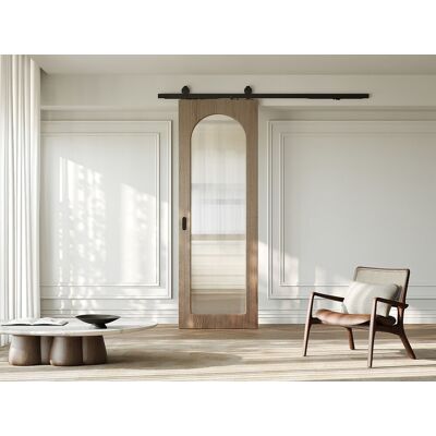 Unique Puerta corredera con sistema de aplicación en madera y MDF - arco natural claro y vidrio templado estriado - Alt. 205 x An. 63 cm - ODEZA Unique Puerta corredera con sistema de aplicación en madera y MDF - arco natural claro y vidrio templado estriado - Alt. 205 x An. 63 cm - ODEZA