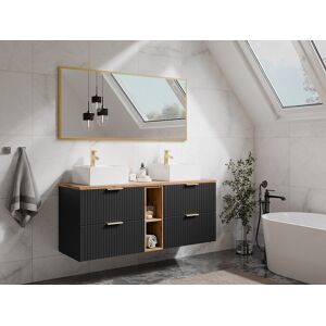 Unique Mueble de baño suspendido con estantes y lavabo cuadrado sobre encimera - Negro y natural claro - L140 cm - ZEVARA Unique Mueble de baño suspendido con estantes y lavabo cuadrado sobre encimera - Negro y natural claro - L140 cm - ZEVARA