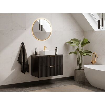 Unique Mueble de baño suspendido estriado con estante - Negro - 80 cm de ancho - ZEVARA Unique Mueble de baño suspendido estriado con estante - Negro - 80 cm de ancho - ZEVARA