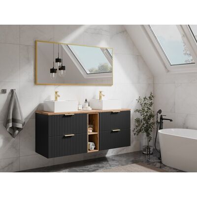 Unique Mueble de baño suspendido con estantes y lavabo cuadrado sobre encimera - Negro y natural claro - An. 140 cm - ZEVARA Unique Mueble de baño suspendido con estantes y lavabo cuadrado sobre encimera - Negro y natural claro - An. 140 cm - ZEVARA