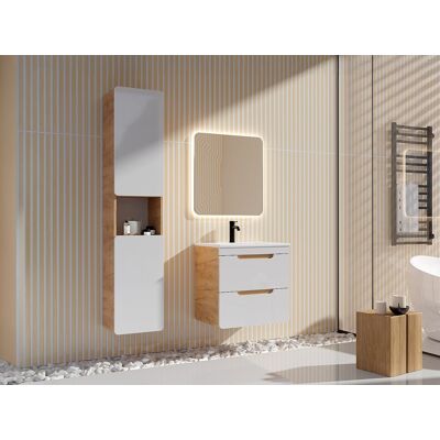 Unique Mueble de baño suspendido con lavabo encastrado y armario - Color natural y blanco - 60 cm - ARUBA Unique Mueble de baño suspendido con lavabo encastrado y armario - Color natural y blanco - 60 cm - ARUBA