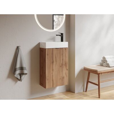 Unique Mueble de lavabo rayado con puerta reversible natural claro - Alt. 60 x An. 40 x Pr. 22 - VAHIRA Unique Mueble de lavabo rayado con puerta reversible natural claro - Alt. 60 x An. 40 x Pr. 22 - VAHIRA