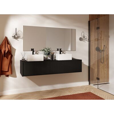 Unique Mueble de baño suspendido estriado con lavabo doble - Negro - 150 cm - ARNEGA Unique Mueble de baño suspendido estriado con lavabo doble - Negro - 150 cm - ARNEGA