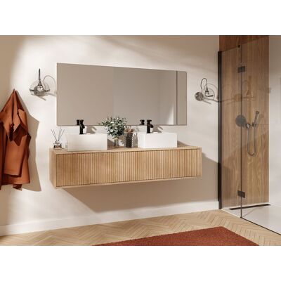 Unique Mueble de baño suspendido estriado con doble lavabo - Natural claro - 150 cm - ARNEGA Unique Mueble de baño suspendido estriado con doble lavabo - Natural claro - 150 cm - ARNEGA