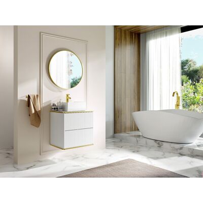Unique Mueble de baño suspendido estriado con ribete dorado y lavabo cuadrado sobre encimera - Blanco - L60 cm - KELIZA Unique Mueble de baño suspendido estriado con ribete dorado y lavabo cuadrado sobre encimera - Blanco - L60 cm - KELIZA