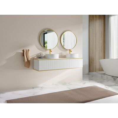 Unique Mueble de baño suspendido estriado con ribete dorado 2 cajones con doble lavabo cuadrado sobre encimera - Blanco - 150 cm - KELIZA Unique Mueble de baño suspendido estriado con ribete dorado 2 cajones con doble lavabo cuadrado sobre encimera - Blanco - 150 cm - KELIZA