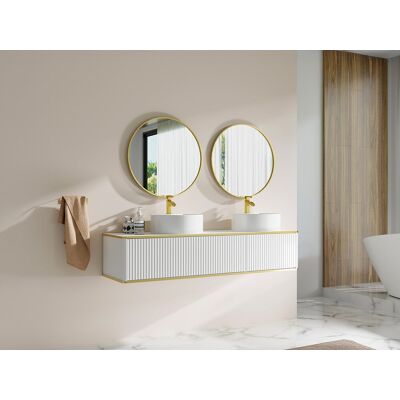 Unique Mueble de baño suspendido estriado con ribete dorado 2 cajones con doble lavabo redondo sobre encimera - Blanco - 150 cm - KELIZA Unique Mueble de baño suspendido estriado con ribete dorado 2 cajones con doble lavabo redondo sobre encimera - Blanco - 150 cm - KELIZA