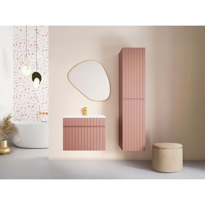 Unique Mueble de baño suspendido estriado rosa con lavabo encastrado y columna - 60 cm - SATARA Unique Mueble de baño suspendido estriado rosa con lavabo encastrado y columna - 60 cm - SATARA