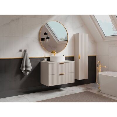 Unique Mueble de baño suspendido estriado con lavabo redondo sobre encimera y columna - Color beige - 80 cm - ZEVARA Unique Mueble de baño suspendido estriado con lavabo redondo sobre encimera y columna - Color beige - 80 cm - ZEVARA