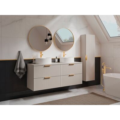 Unique Mueble de baño suspendido estriado con lavabo redondo sobre encimera y columna - Color beige - 120 cm - ZEVARA Unique Mueble de baño suspendido estriado con lavabo redondo sobre encimera y columna - Color beige - 120 cm - ZEVARA