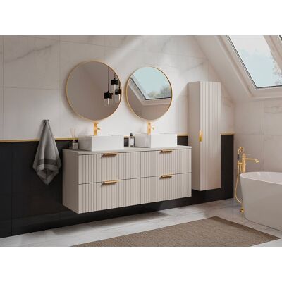 Unique Mueble de baño suspendido estriado con lavabo cuadrado sobre encimera y columna - Color beige - 120 cm - ZEVARA Unique Mueble de baño suspendido estriado con lavabo cuadrado sobre encimera y columna - Color beige - 120 cm - ZEVARA